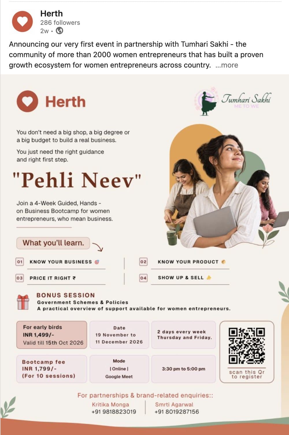 LinkedIn post by Herth announcing its first event with Tumhari Sakhi, the Pehli Neev bootcamp for women entrepreneurs.